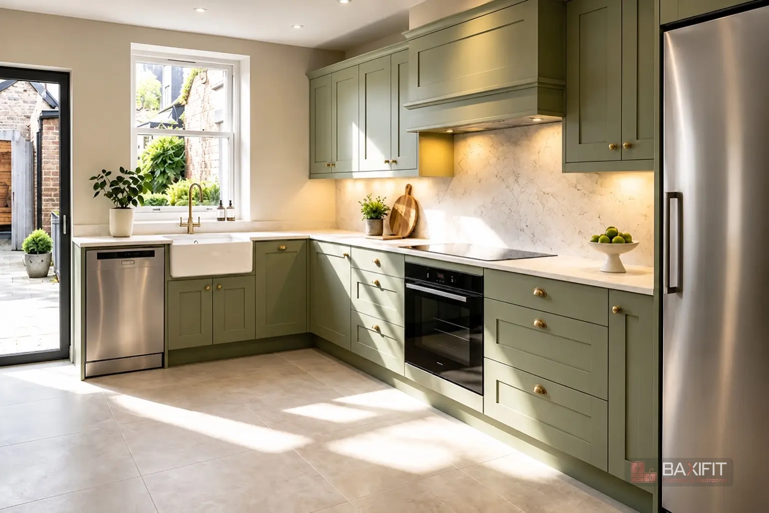 Sage Shaker kitchen with sage green cabinetry, pale stone worktop and brushed-brass details